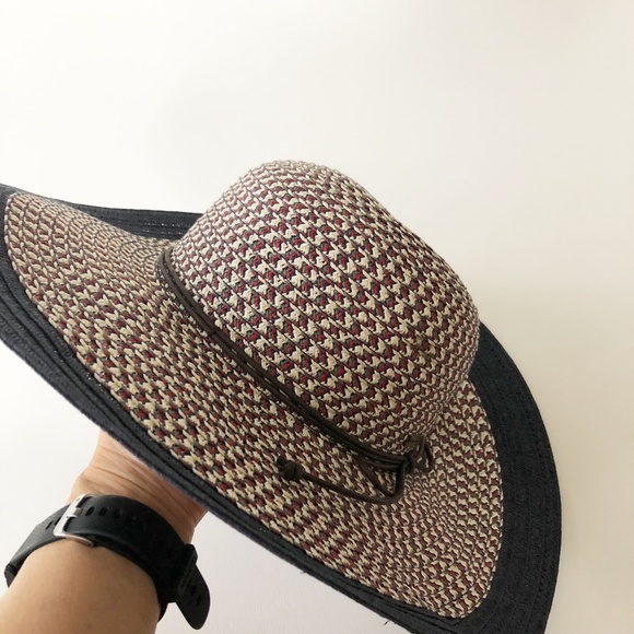 Betmar Wide Brim Floppy Beach Sun Hat Red Green White Cross Hatch Black Border - Picture 5 of 11